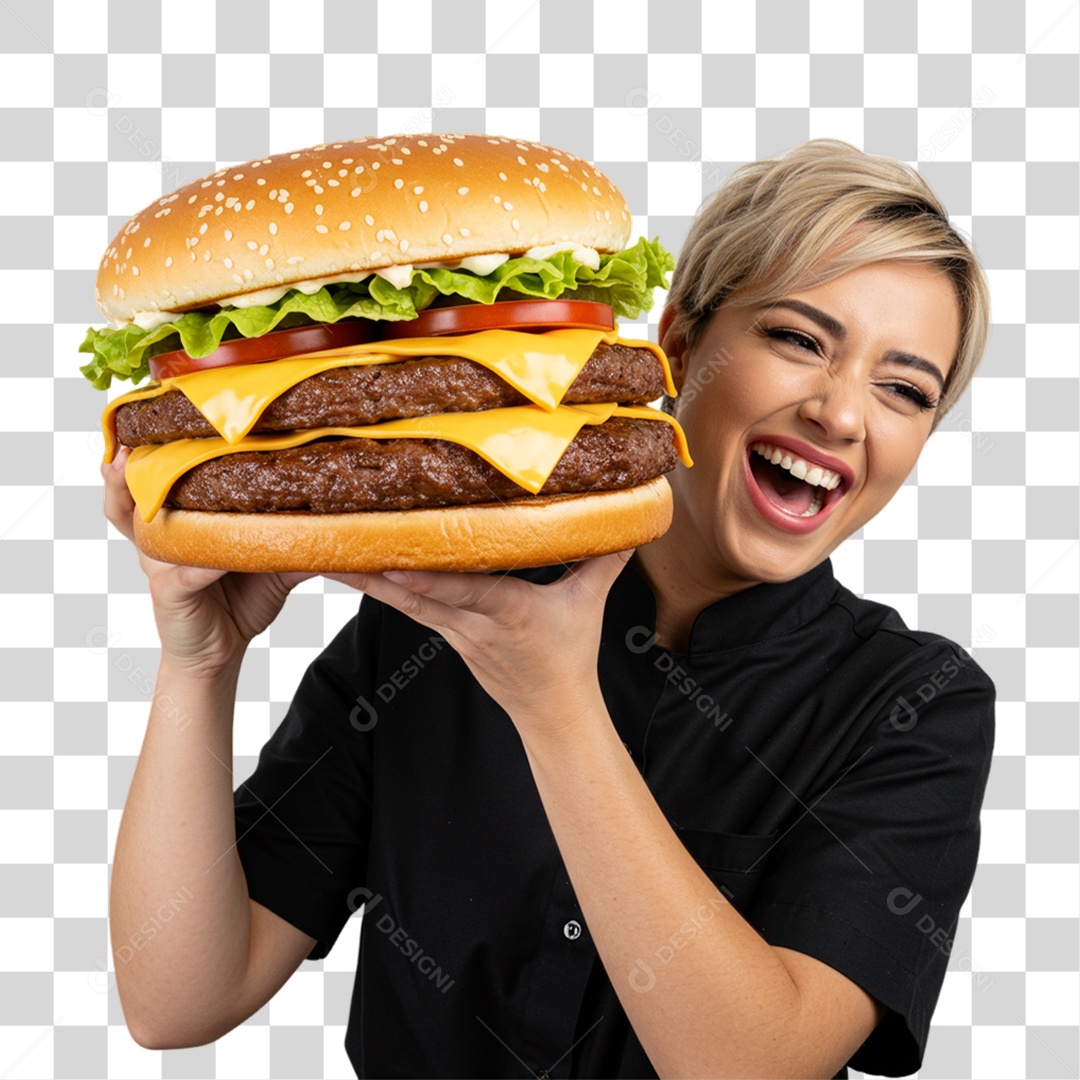 Mulher Segurando Hambúrguer Grande PNG Transparente