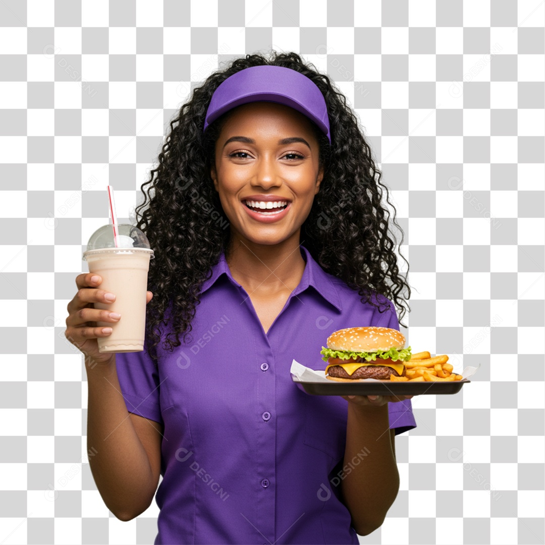 Mulher Segurando Bandeja com Lanches e Hambúrguer PNG Transparente