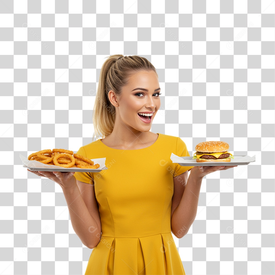 Mulher Segurando Bandeja com Lanches e Hambúrguer PNG Transparente