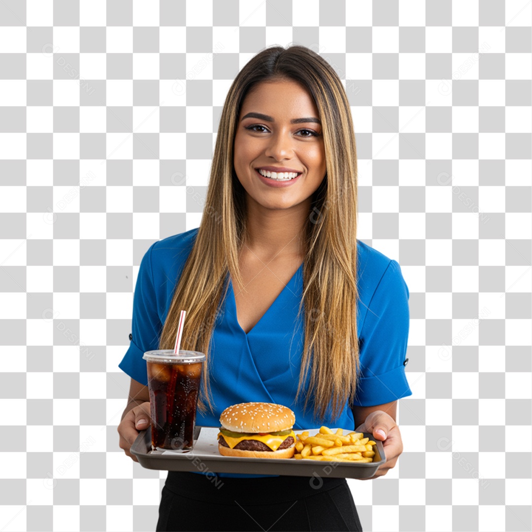 Mulher Segurando Bandeja com Lanches e Hambúrguer PNG Transparente