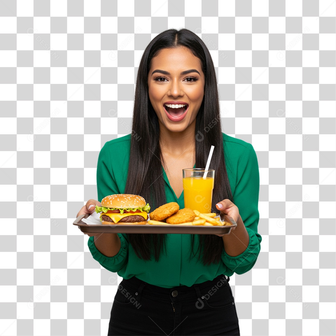 Mulher Segurando Bandeja com Lanches e Hambúrguer PNG Transparente
