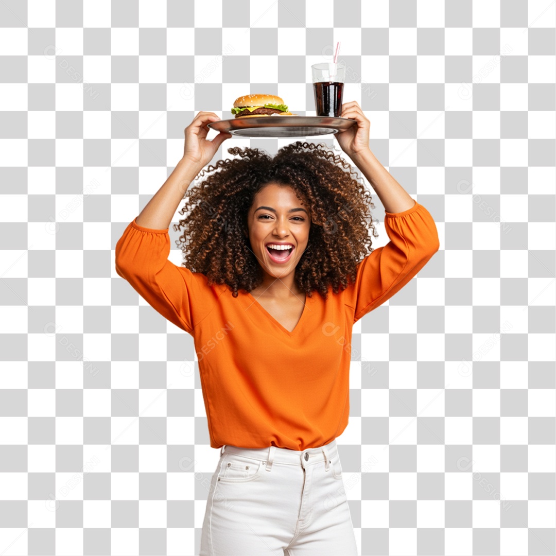Mulher Segurando Bandeja com Lanches e Hambúrguer PNG Transparente