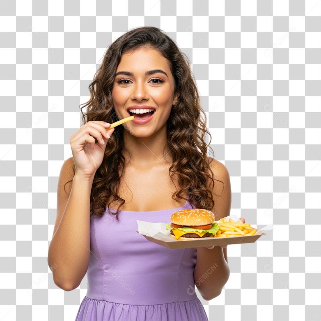 Mulher Segurando Bandeja com Lanches e Hambúrguer PNG Transparente