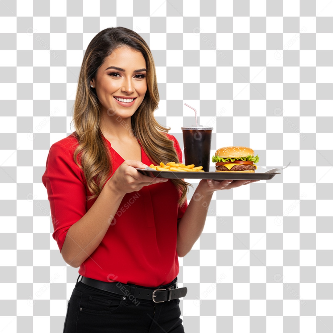 Mulher Segurando Bandeja com Lanches e Hambúrguer PNG Transparente