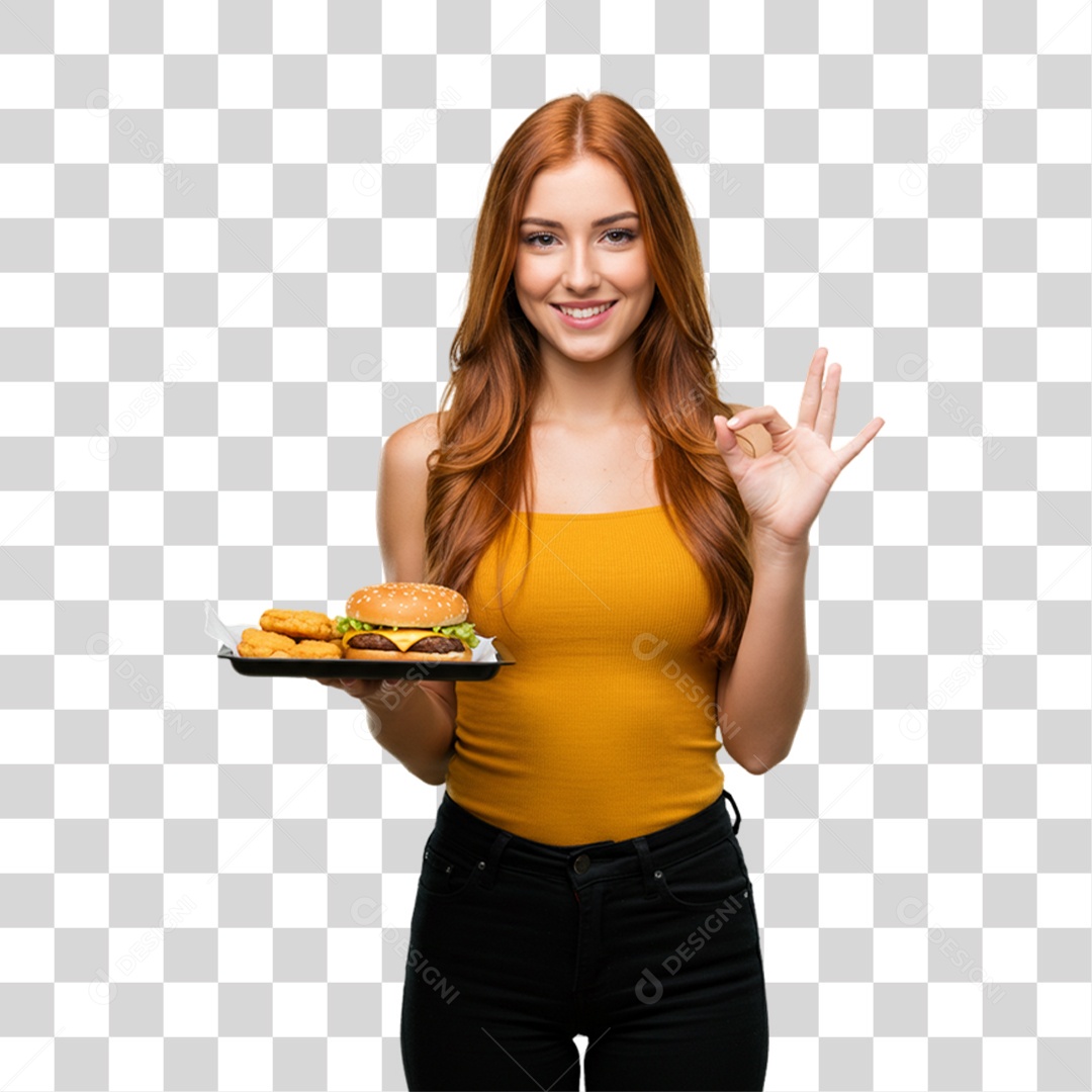Mulher Segurando Bandeja com Lanches e Hambúrguer PNG Transparente
