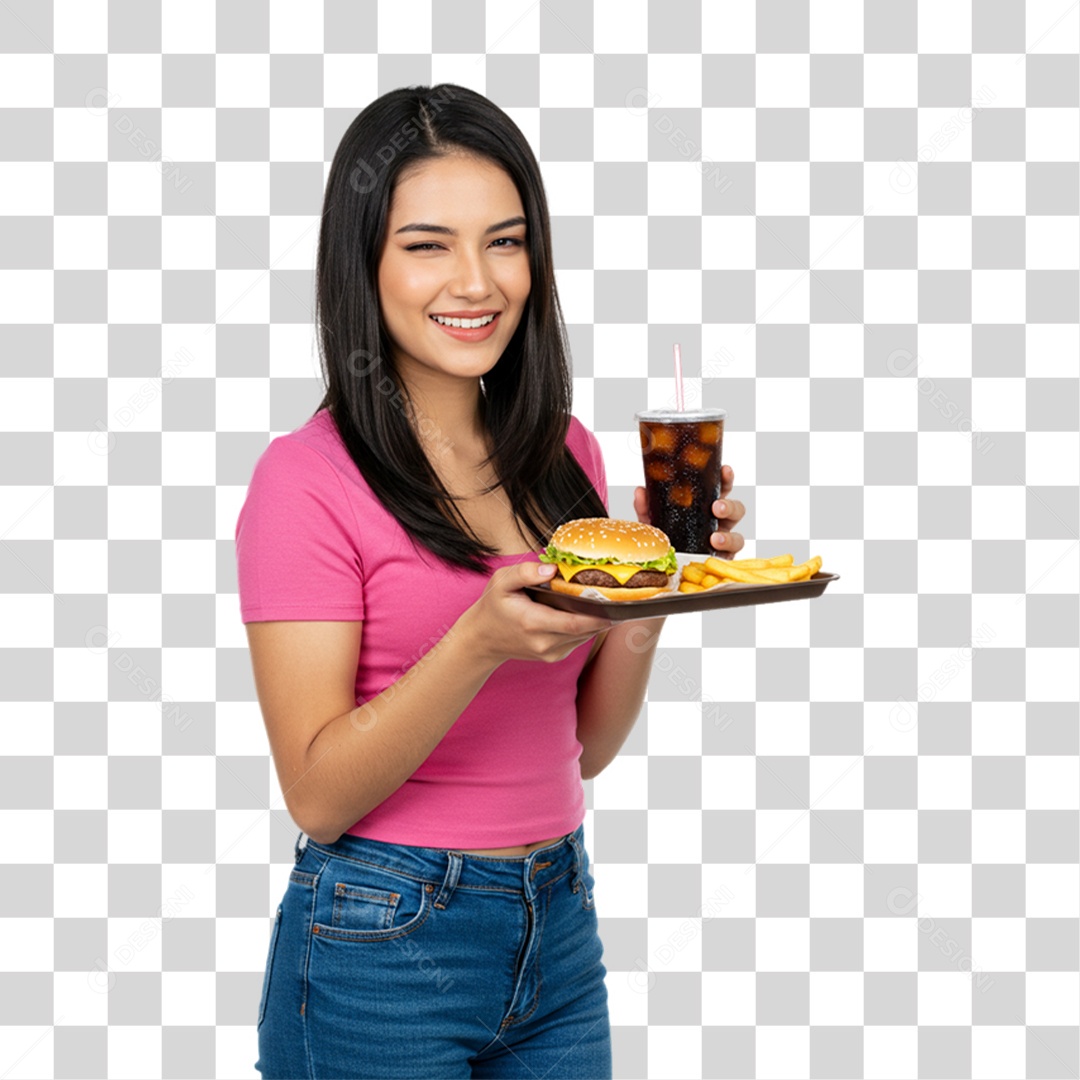Mulher Segurando Bandeja com Lanches e Hambúrguer PNG Transparente