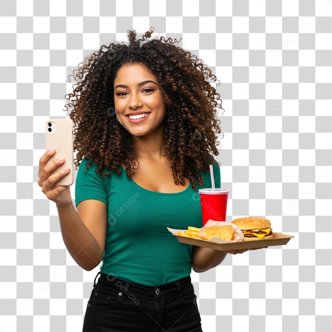 Mulher Segurando Bandeja com Lanches e Hambúrguer PNG Transparente