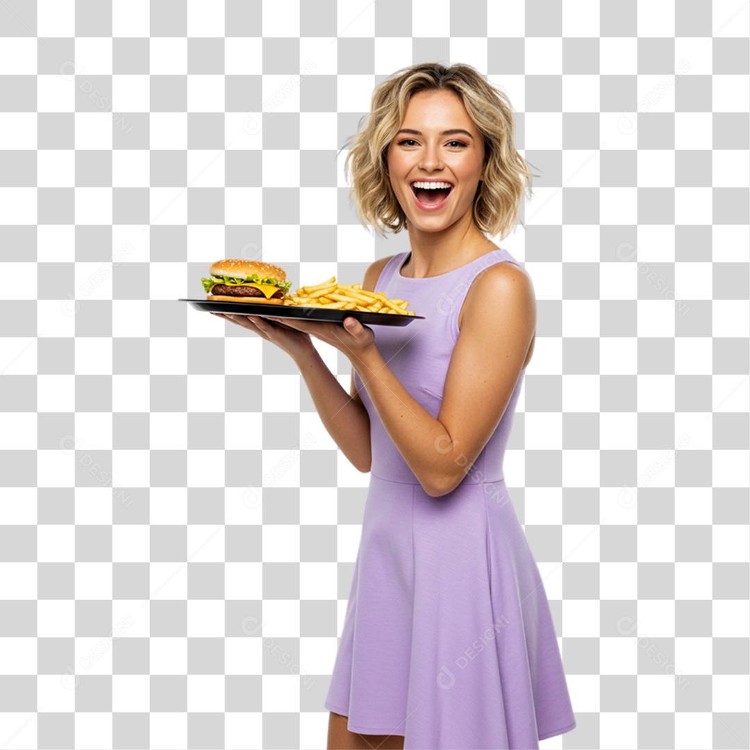 Mulher Segurando Bandeja com Lanches e Hambúrguer PNG Transparente