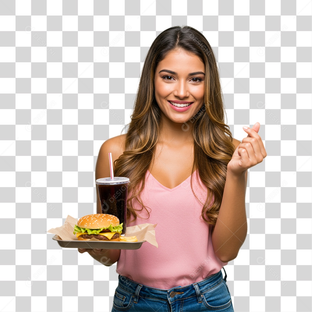 Mulher Segurando Bandeja com Lanches e Hambúrguer PNG Transparente