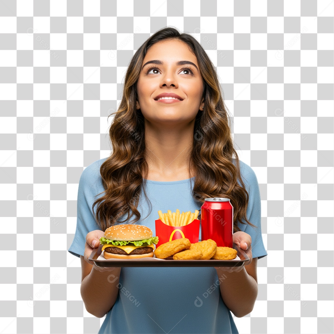Mulher Segurando Bandeja com Lanches e Hambúrguer PNG Transparente