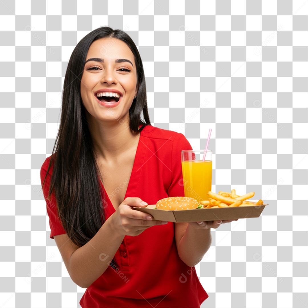 Mulher Segurando Bandeja com Lanches e Hambúrguer PNG Transparente