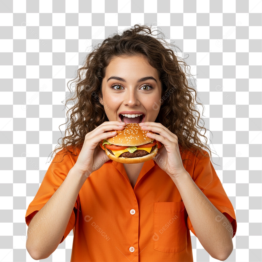 Mulher Segurando Comendo Hambúrguer PNG Transparente