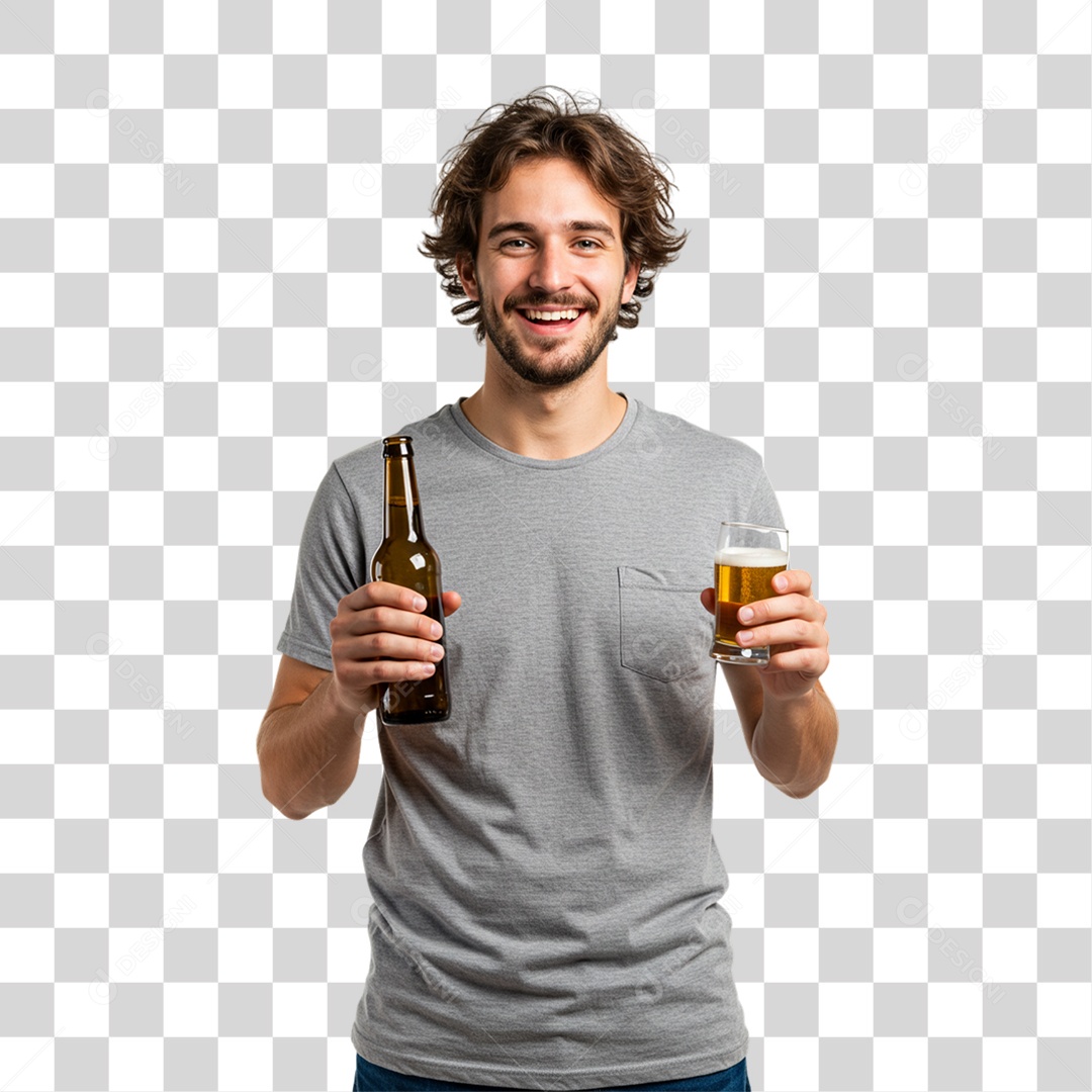 Homem Segurando Garrafa de Cerveja PNG Transparente