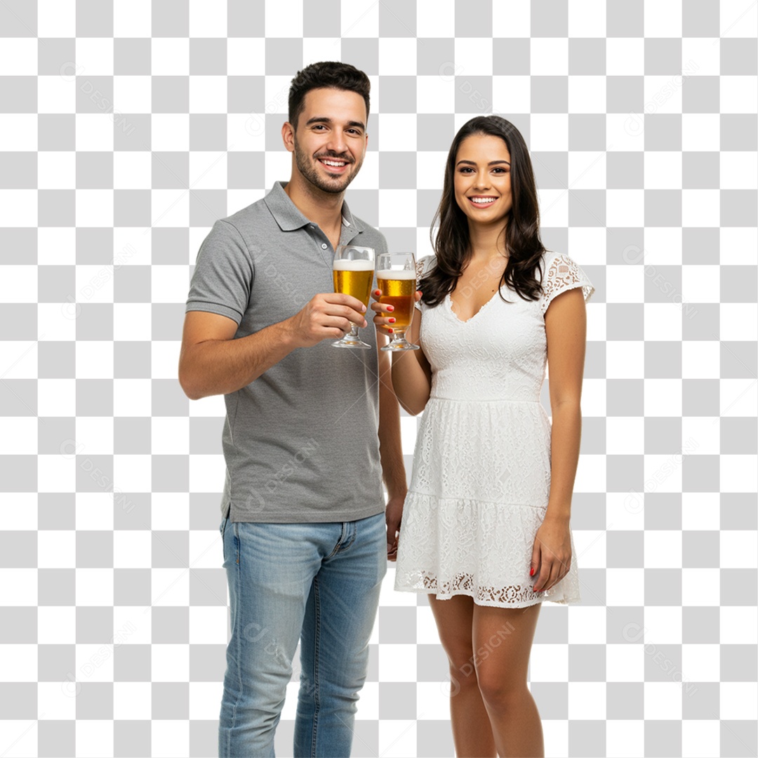 Casal Segurando Copos de Cerveja PNG Transparente