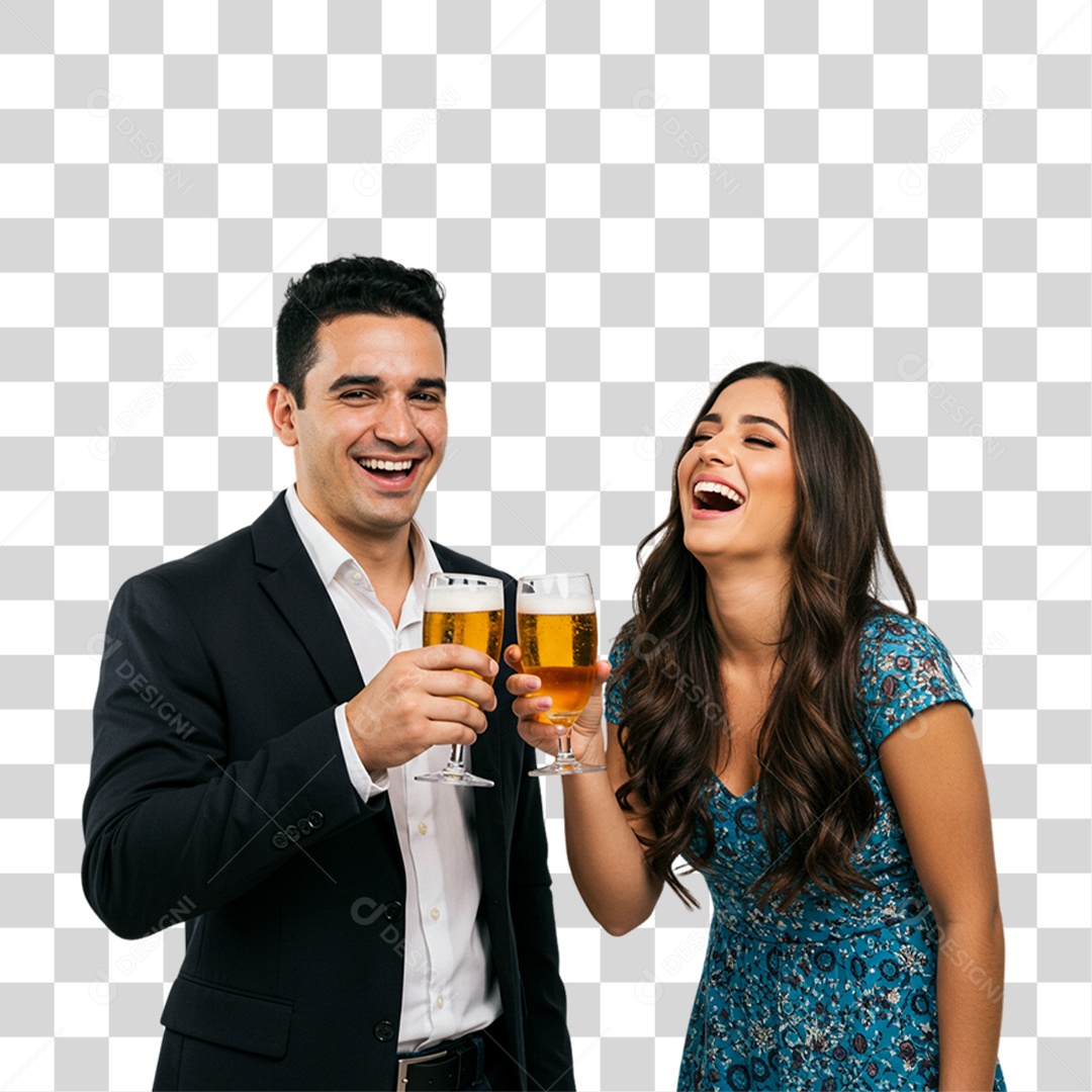 Casal Segurando Copos de Cerveja PNG Transparente