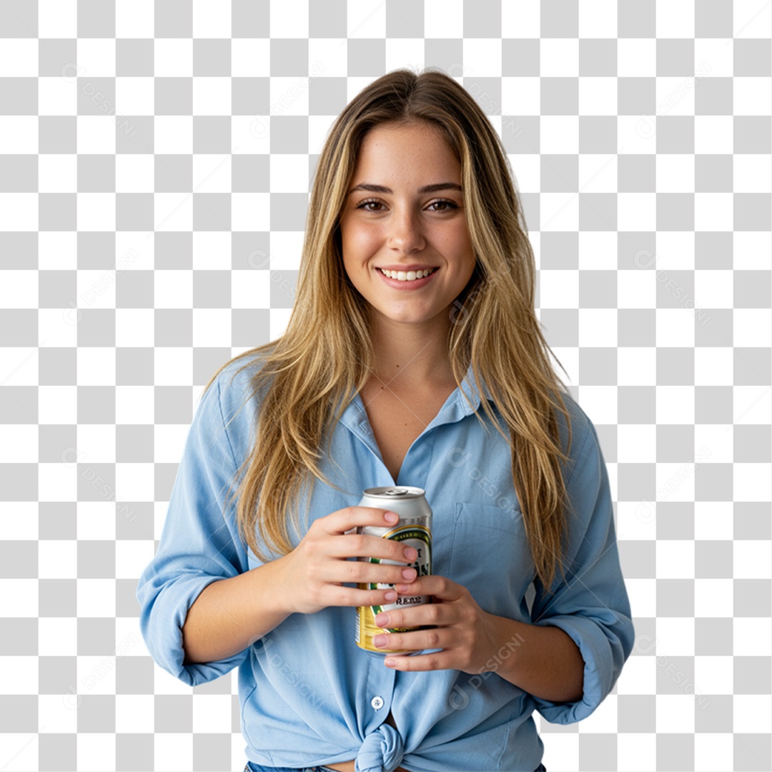 Mulher Segurando Lata de Cerveja PNG Transparente