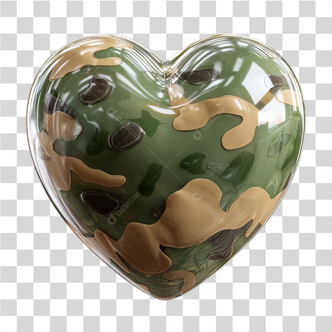 Elemento 3D Coração com Cores do Exército PNG Transparente