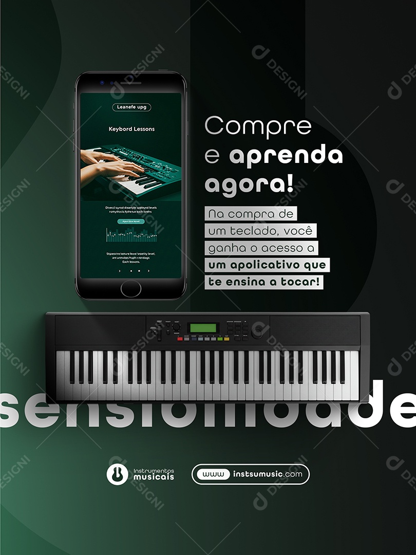 Post Loja de Instrumentos Compre e Aprenda Agora Feed Social Media PSD Editável