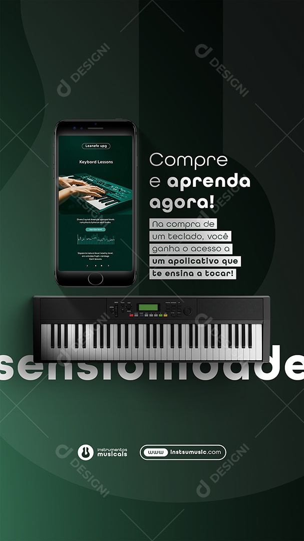Post Loja de Instrumentos Compre e Aprenda Agora Story Social Media PSD Editável