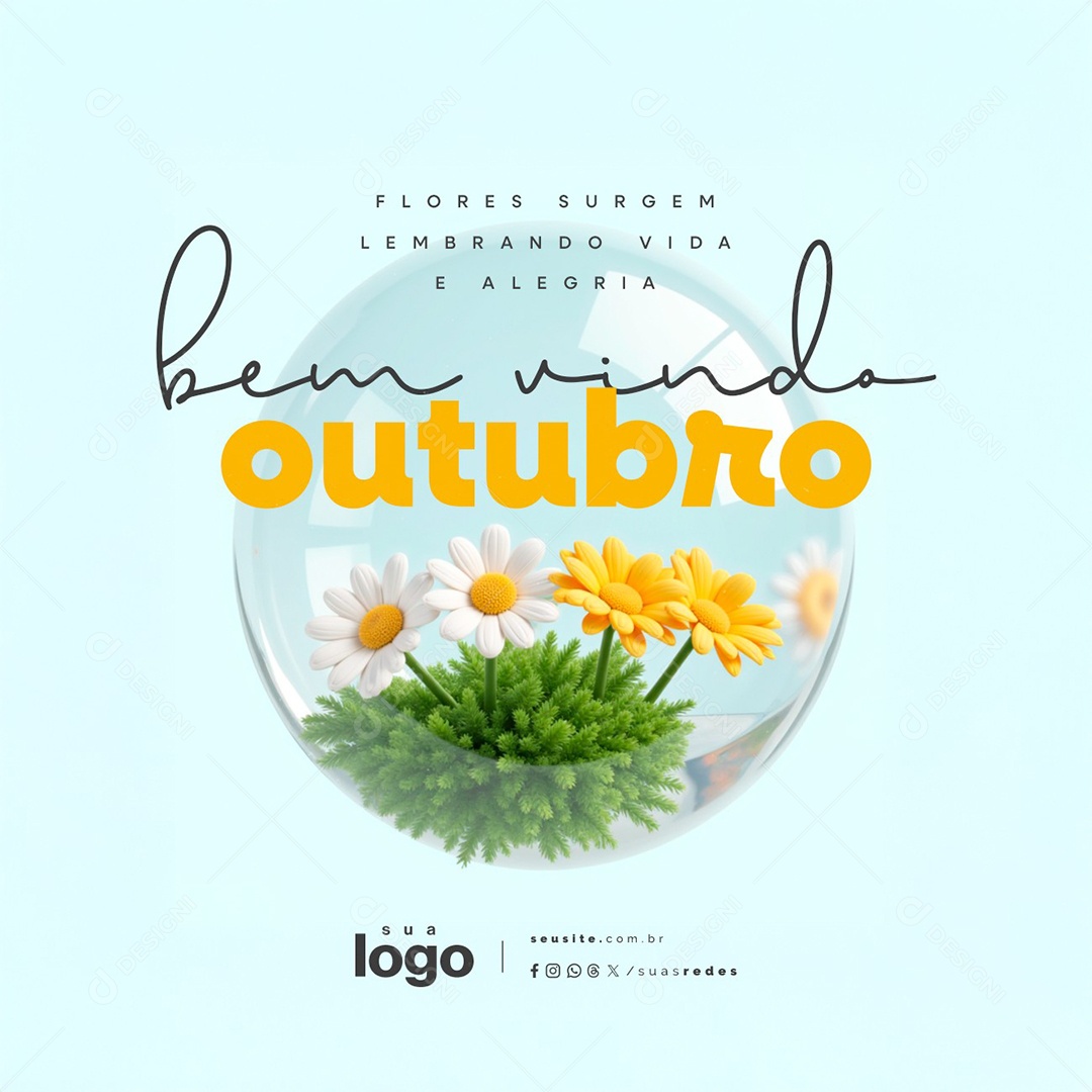Bem Vindo Outubro Flores Surgem Lembrando Vida e Alegria Social Media PSD Editável