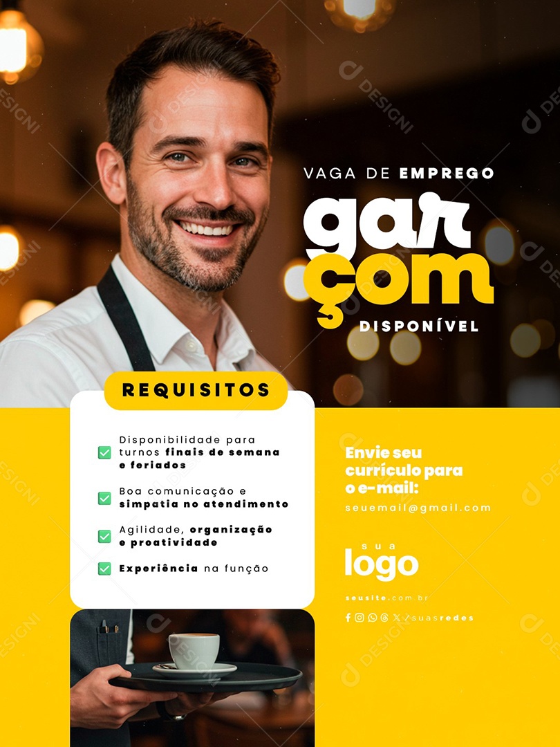 Vaga de Emprego Garçom Requisitos Social Media PSD Editável