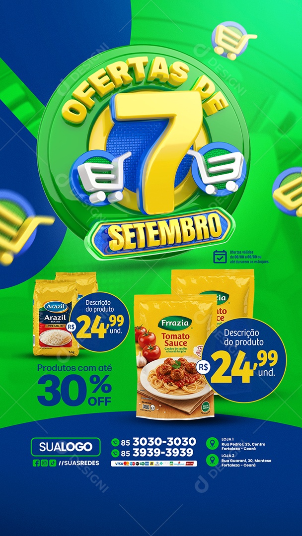 Story Tabloide Ofertas de 7 de Setembro Supermercado Produtos com Até 30% Off Social Media PSD Editável