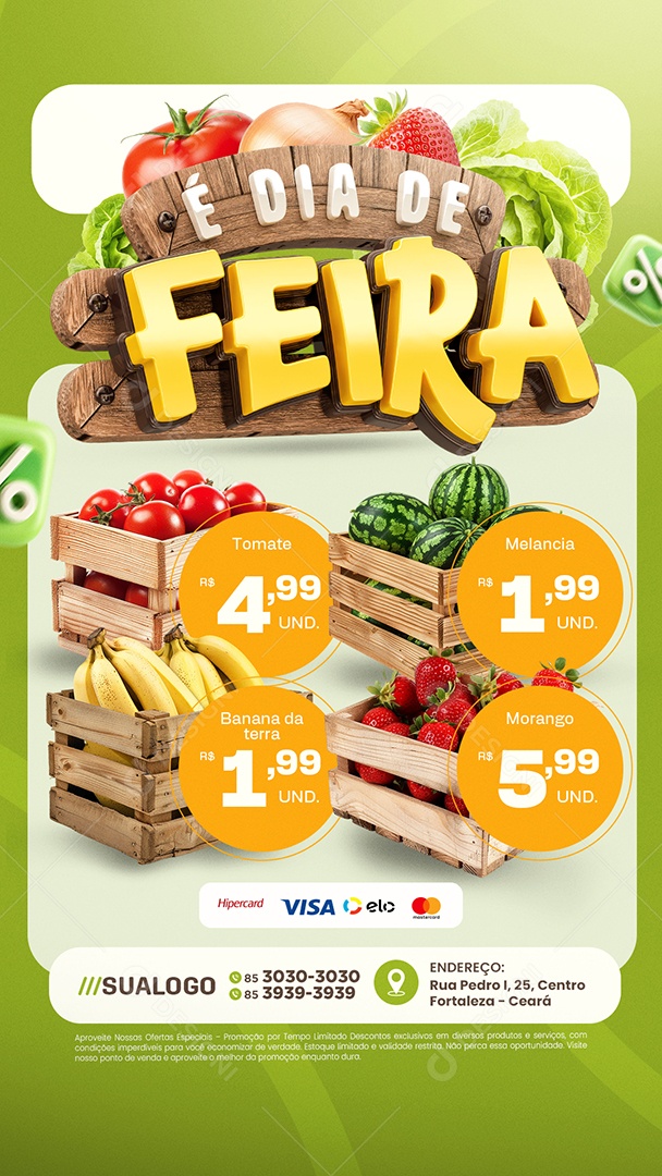 Story Tabloide É Dia de Feira Tomate Melancia Cebola Banana da Terra Morango e Uva Social Media PSD Editável