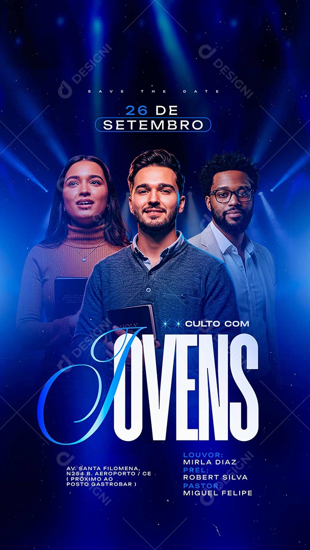 Story Flyer Gospel Culto com Jovens Save The Date Social Media PSD Editável