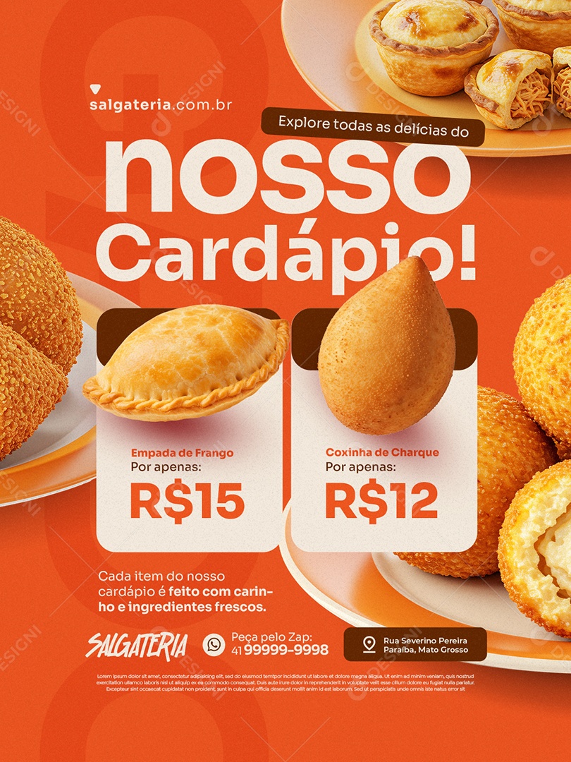 Salgateria Nosso Cardápio Empada de Frango Coxinha de Charque Social Media PSD Editável