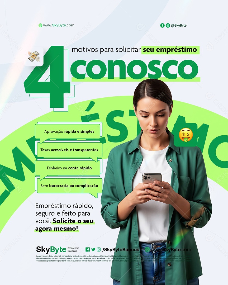 Quatro Motivos para Solicitar seu Empréstimo Conosco Social Media PSD Editável