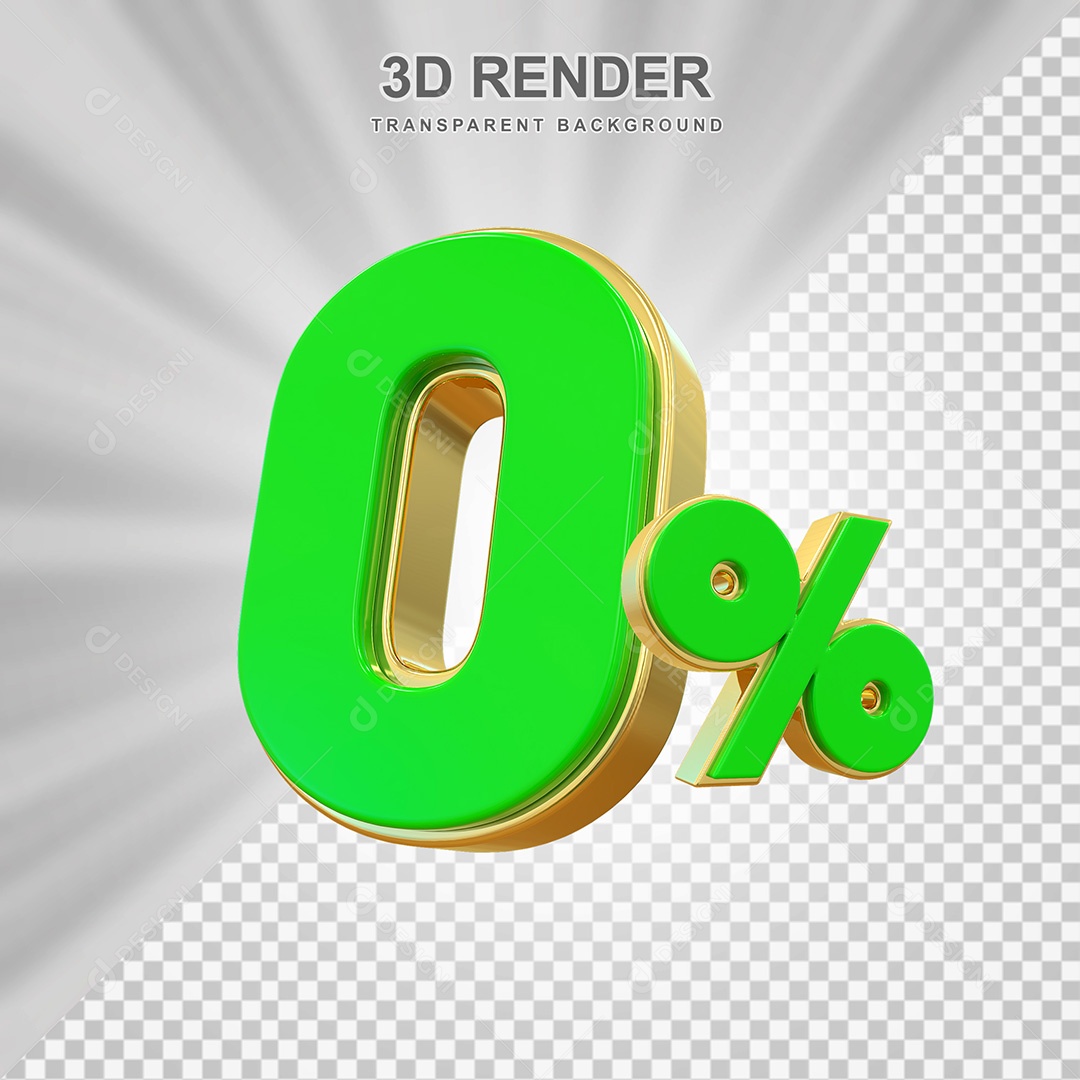Elemento 3D Número 0% Verde com Dourado Para Composição PSD