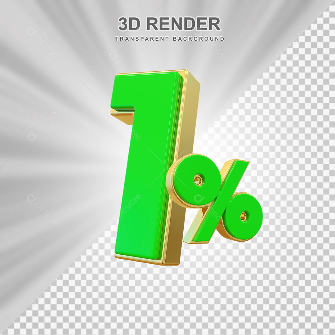 Elemento 3D Número 1% Verde com Dourado Para Composição PSD