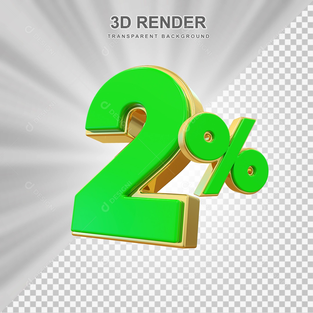 Elemento 3D Número 2% Verde com Dourado Para Composição PSD
