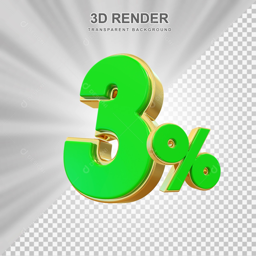Elemento 3D Número 3% Verde com Dourado Para Composição PSD