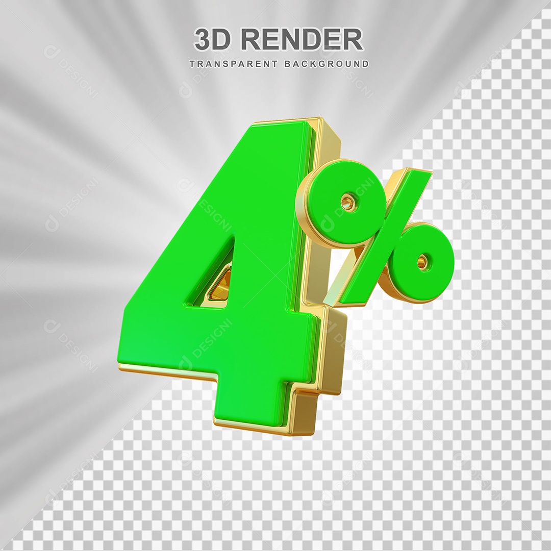 Elemento 3D Número 4% Verde com Dourado Para Composição PSD