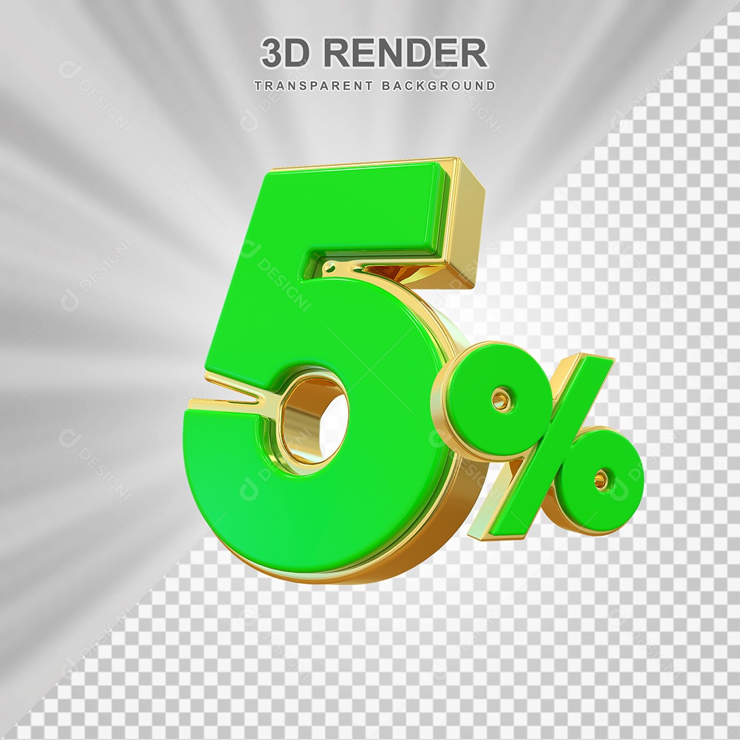 Elemento 3D Número 5% Verde com Dourado Para Composição PSD