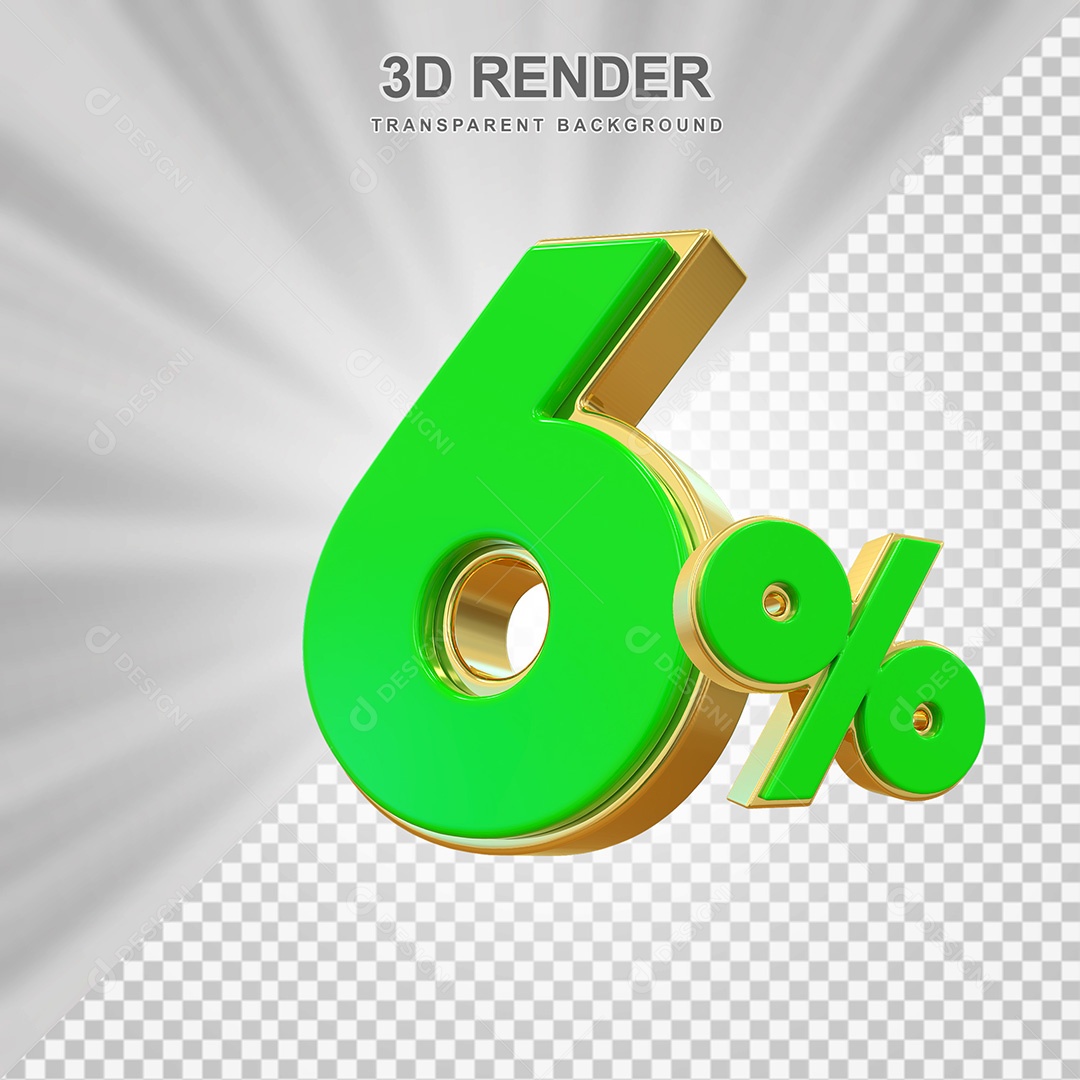 Elemento 3D Número 6% Verde com Dourado Para Composição PSD