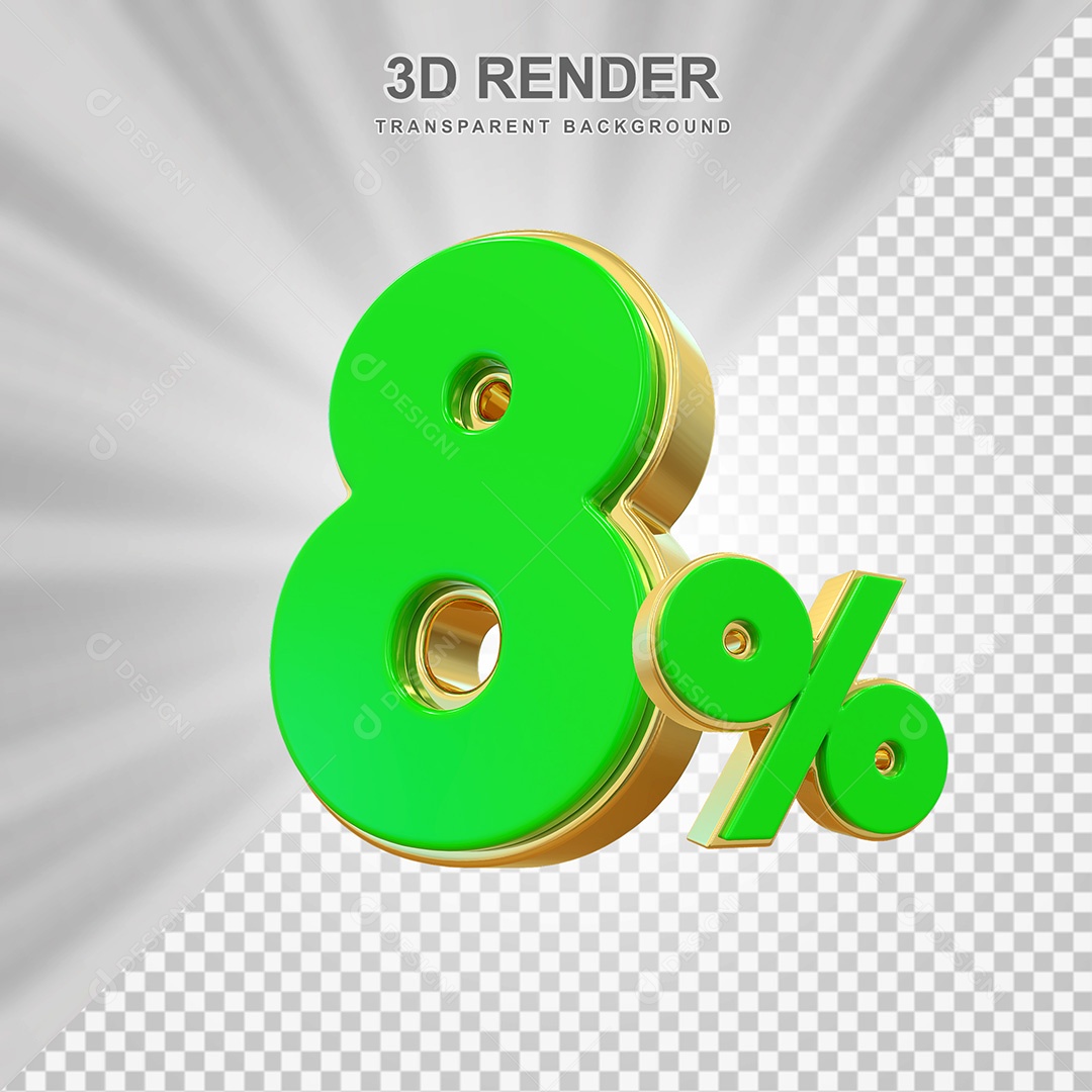 Elemento 3D Número 8% Verde com Dourado Para Composição PSD