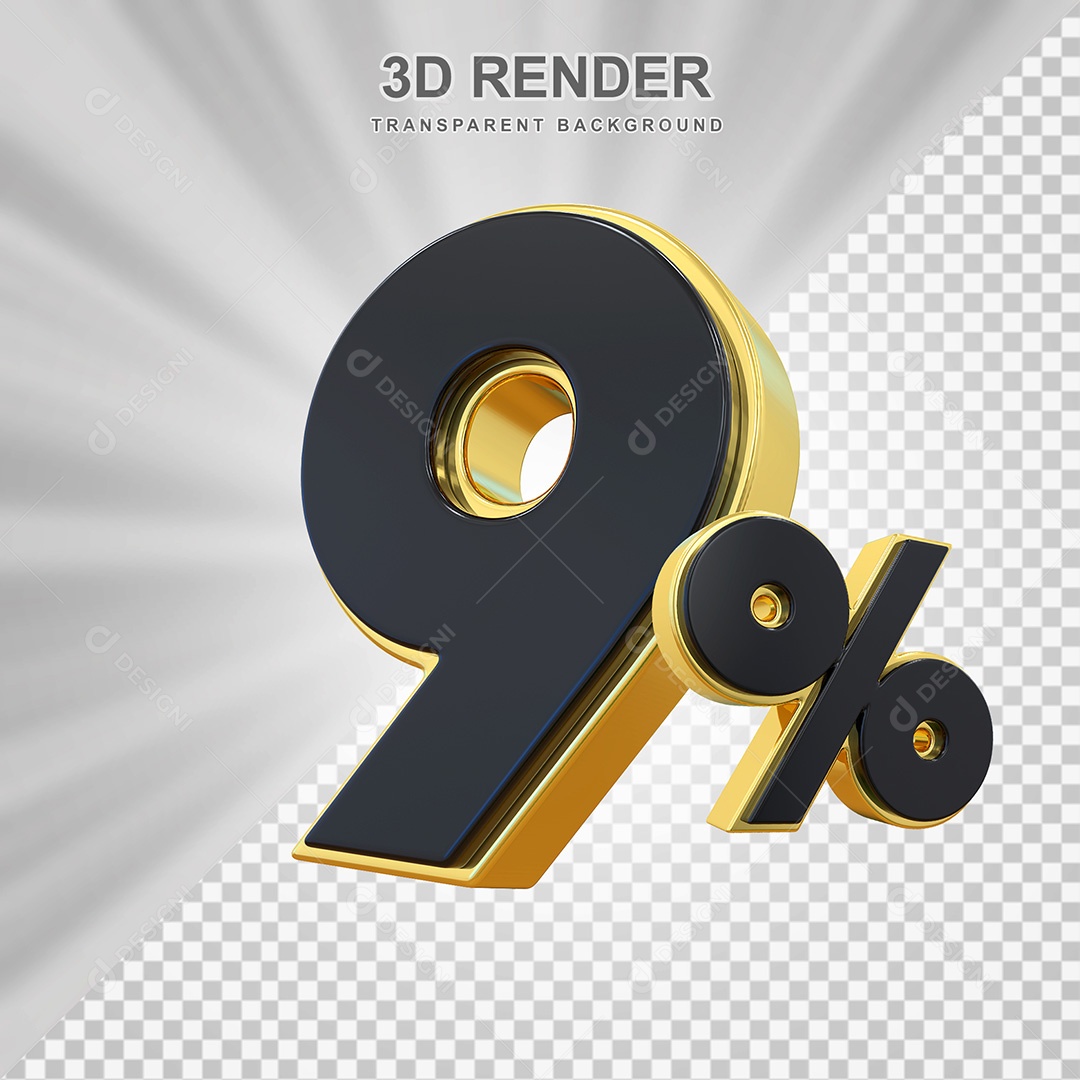 Elemento 3D Número 9% Preto com Dourado Para Composição PSD