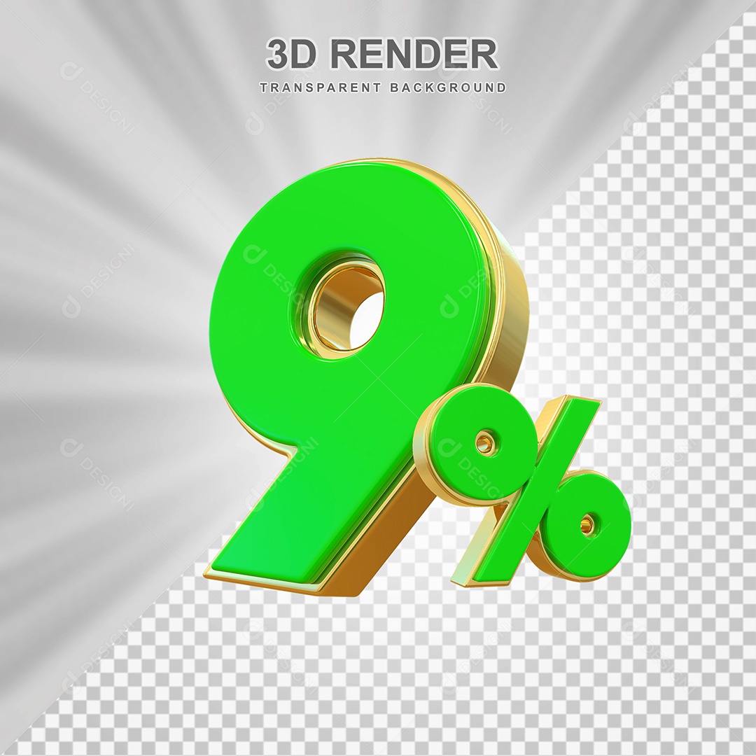 Elemento 3D Número 9% Verde com Dourado Para Composição PSD