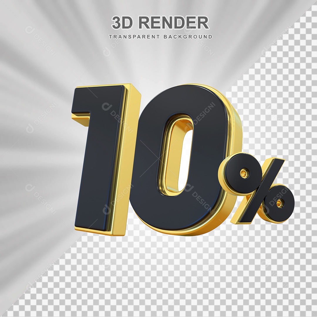 Elemento 3D Número 10% Preto com Dourado Para Composição PSD