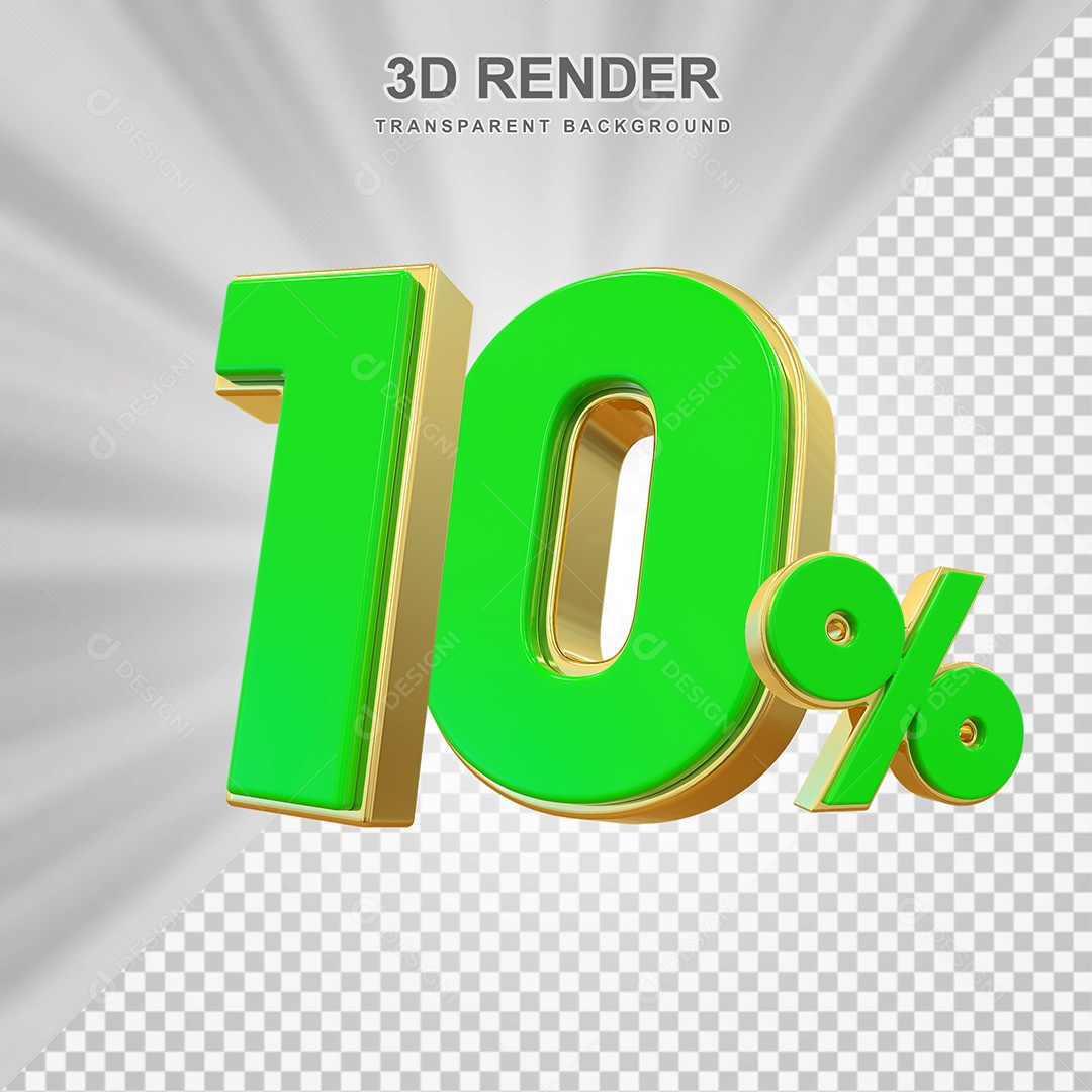 Elemento 3D Número 10% Verde com Dourado Para Composição PSD