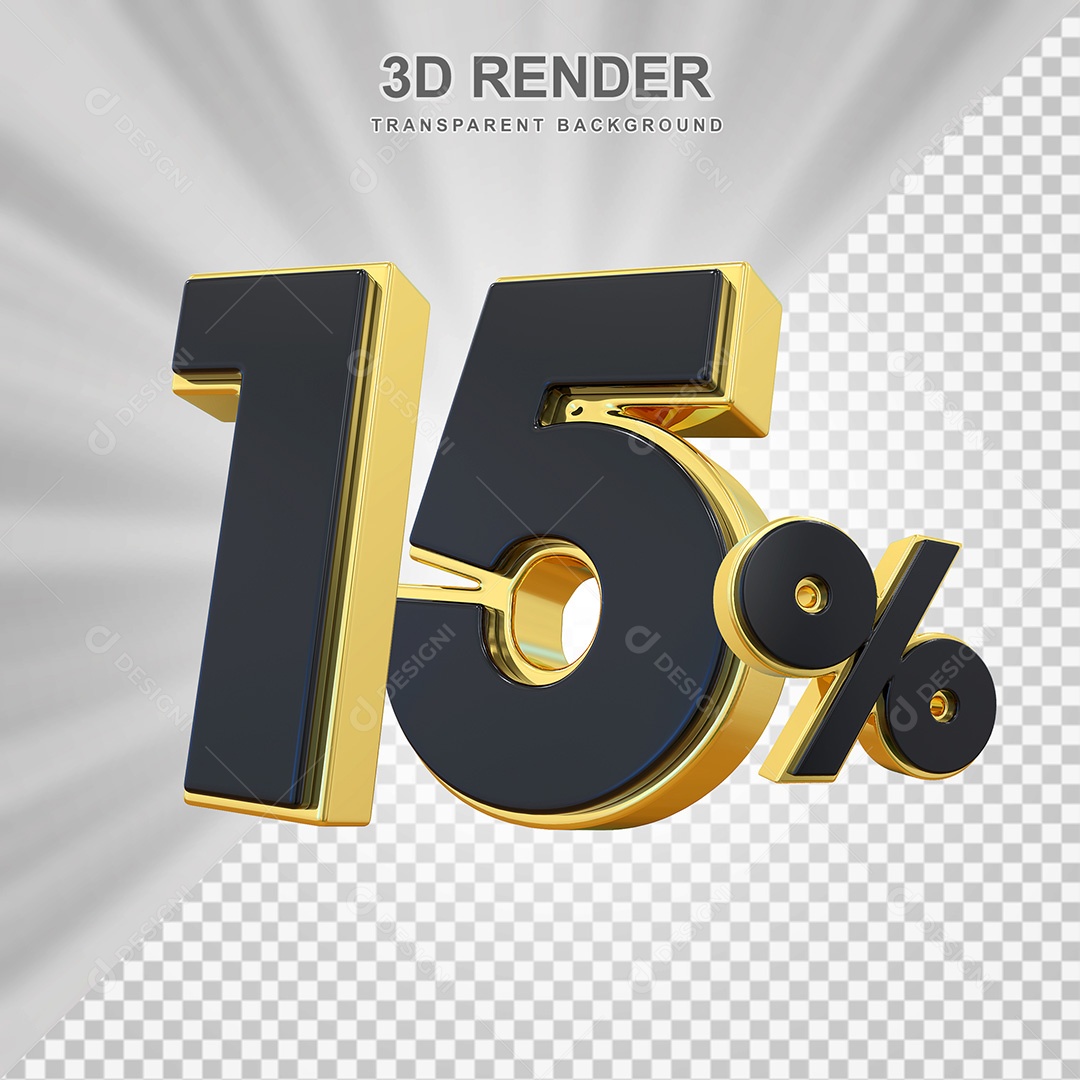 Elemento 3D Número 15% Preto com Dourado Para Composição PSD