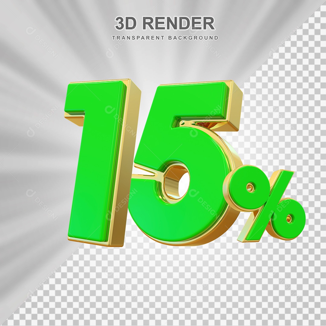 Elemento 3D Número 15% Verde com Dourado Para Composição PSD