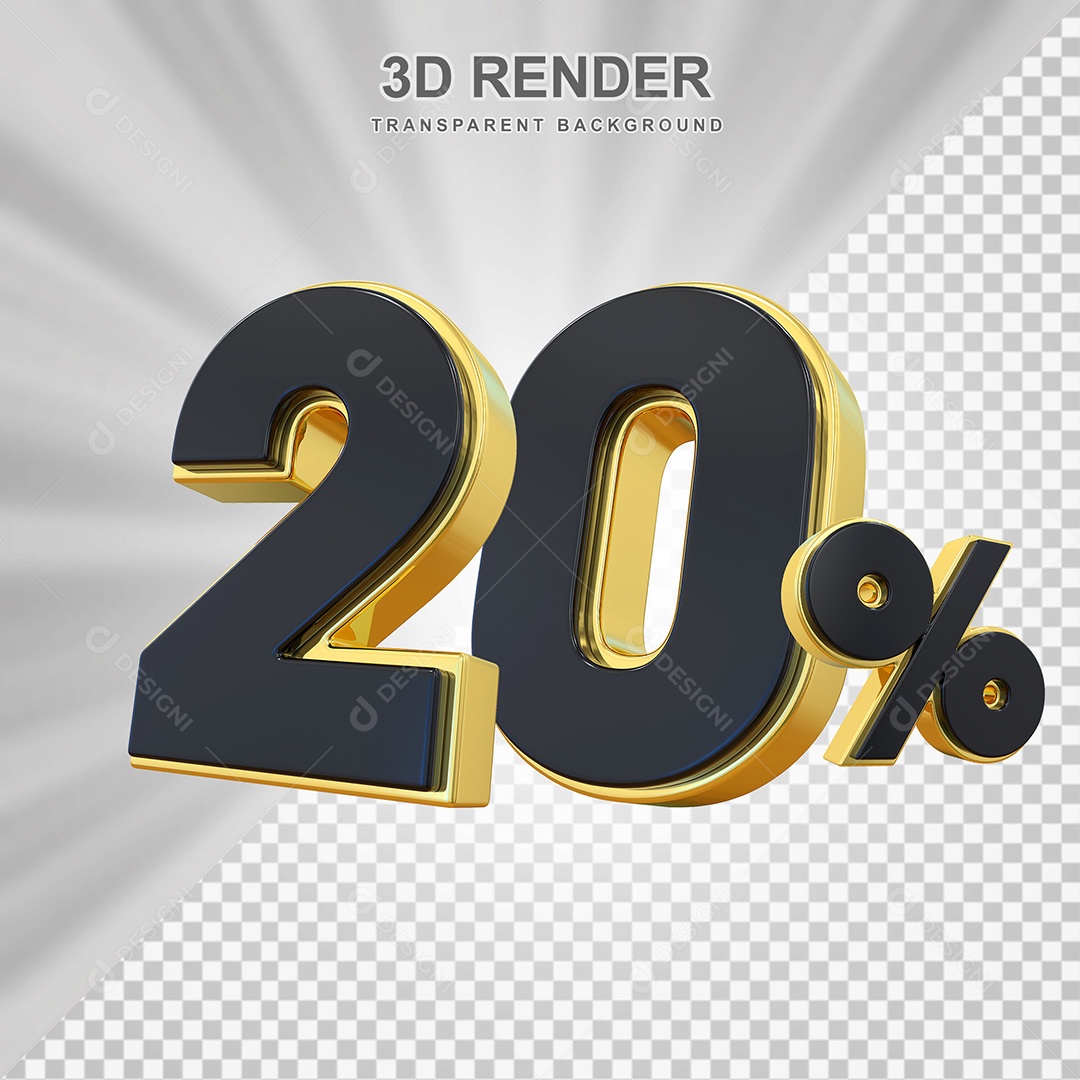 Elemento 3D Número 20% Preto com Dourado Para Composição PSD