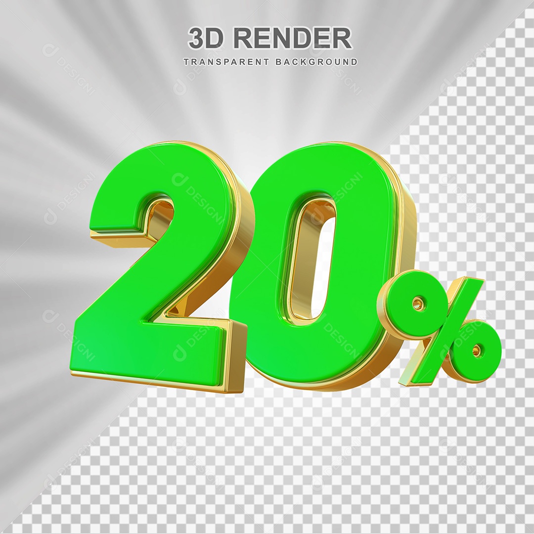 Elemento 3D Número 20% Verde com Dourado Para Composição PSD