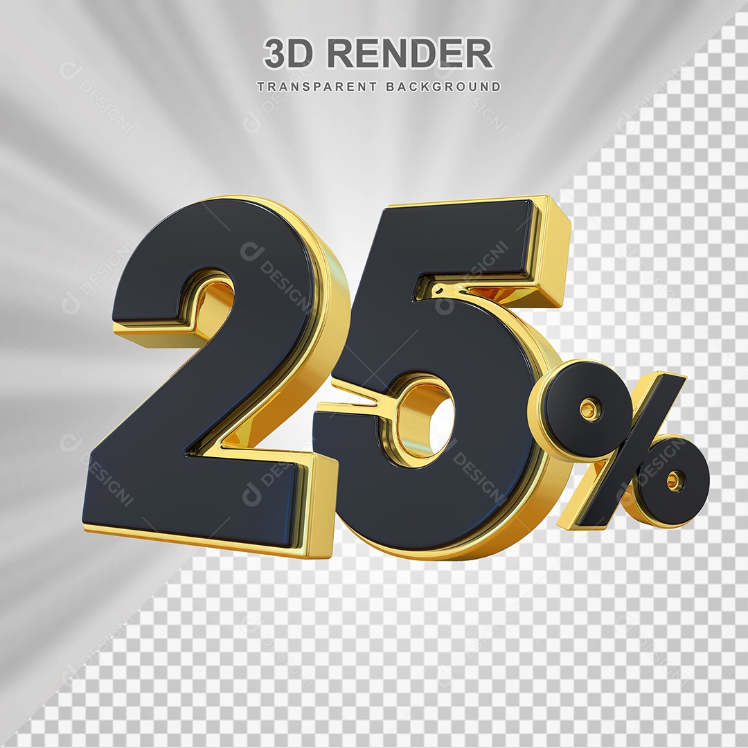 Elemento 3D Número 25% Preto com Dourado Para Composição PSD