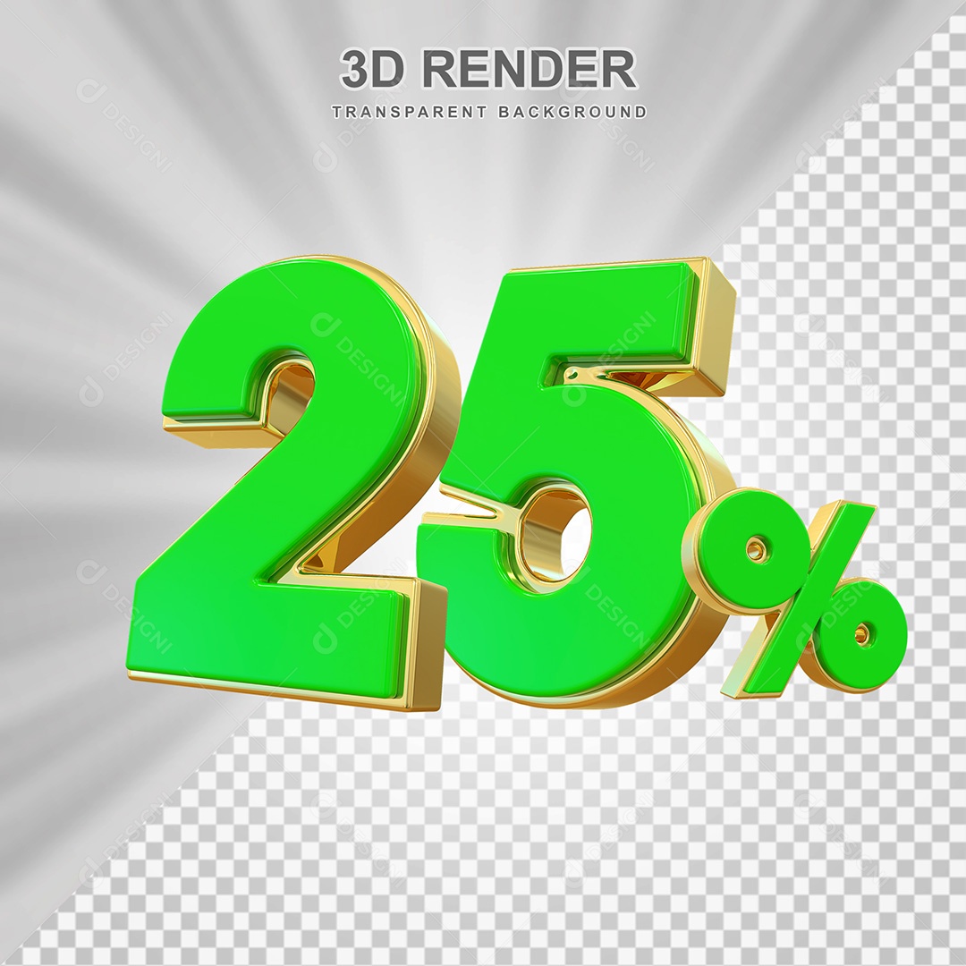 Elemento 3D Número 25% Verde com Dourado Para Composição PSD