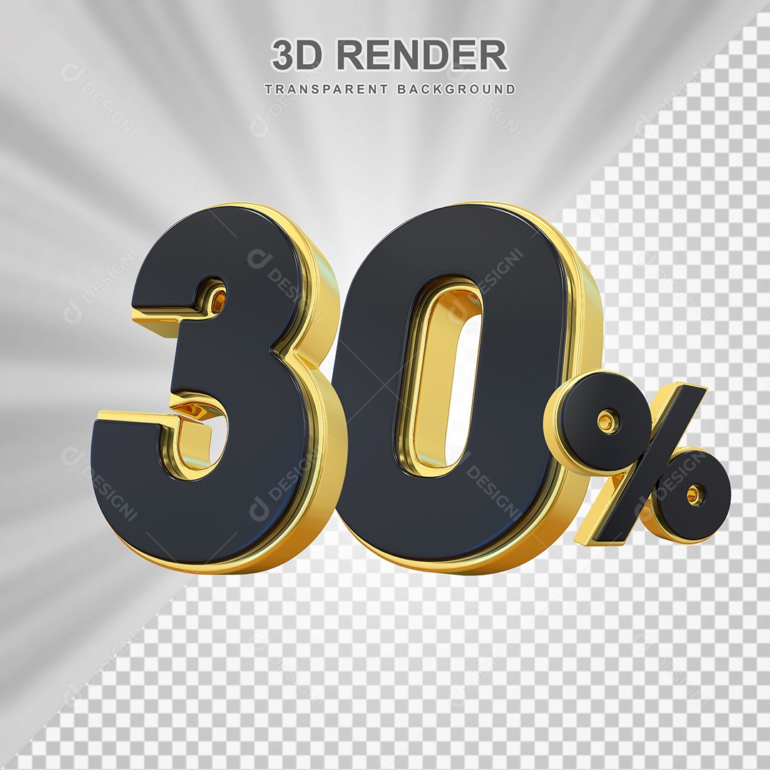 Elemento 3D Número 30% Preto com Dourado Para Composição PSD