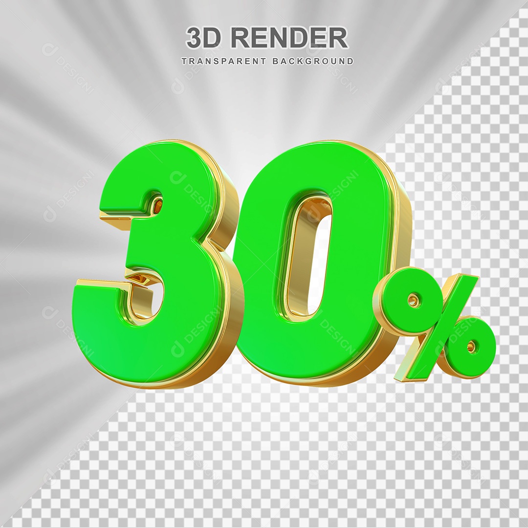 Elemento 3D Número 30% Verde com Dourado Para Composição PSD